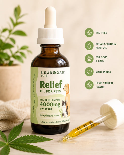 Neurogan Pets Relief Oil for Pets – THC-Free Hemp Oil 4000mg, Broad Spectrum, for Dogs & Cats, Made in USA